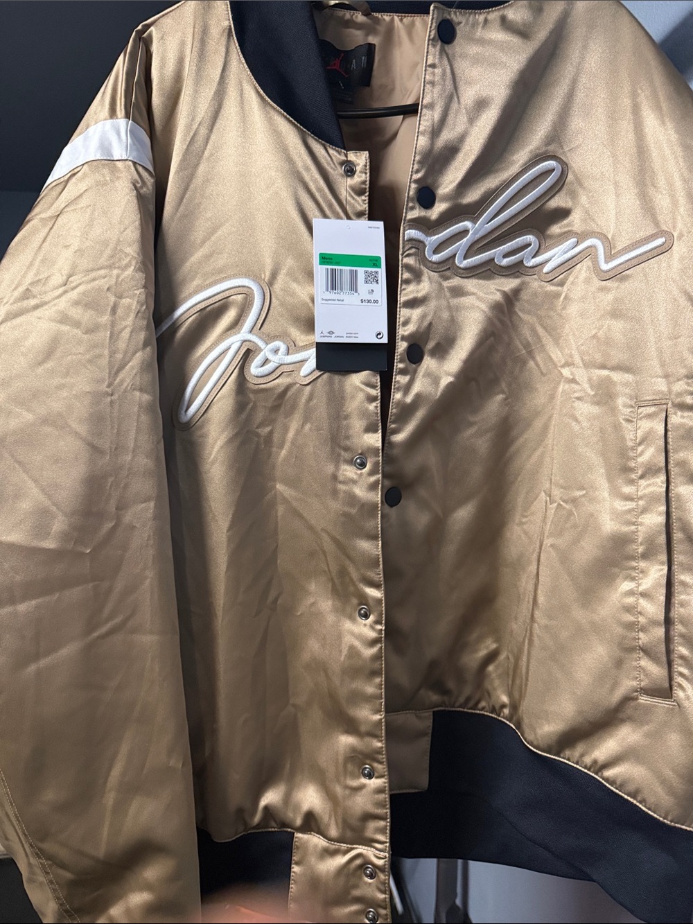 Jordan Men’s Gold Satin Varsity Jacket with Black Trim